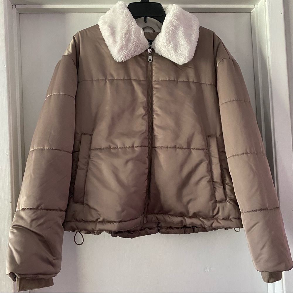 7 For All Mankind Taupe Puffer Jacket with White Faux Fur Collar